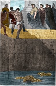 Pollion Vedius, rzymski gastronomia, słynący z okrucieństwa wobec swoich niewolników. Aby je złapać, rzucał je żywcem do swoich muren. Pewnego dnia August (Caius Octavius Thurinus) jadł w swoim domu, więc zrobił niewolniczy osad, winny złamania cu autorstwa Unknown artist