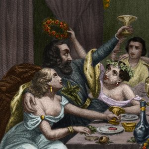 Papież Aleksander VI (1431-1503) (Alessandro, Rodrigo Borgia) Rodrigue Borgia świętuje ślub swojej córki Lucrece Borgia (Lukrecja) z 50 kurtyzanami w Watykanie. Rycina z 1842 roku w „Histoire des Popes: zbrodnie, morderstwa, zatrucia, parrici autorstwa Unknown artist