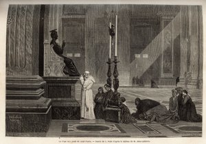 Papież Pius IX (pio 9) (1792-1878) zebrany u stóp figury św. Piotra, przy wejściu do Bazyliki w Watykanie. Grawerunek ilustrujący historię Rzymu, autorstwa Francisa Weya, w latach 1864-1868, opublikowany w „”le tour du monde””, pod redakcją D