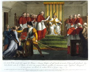 Papież Pius VII (1742 - 1823) 10 czerwca 1809 ekskomunował Napoleona Bonaparte. Rycina z XIX wieku. autorstwa Unknown artist
