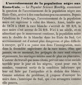 Wzrost liczby ludności w Stanach Zjednoczonych neguje: rasistowski komentarz w książce według artykułu w Popular Science Monthly. Zaniepokojony wzrostem amerykańskiej czarnej populacji i wysokim wskaźnikiem urodzeń, i pragniemy temu zaradzić przez wydaleni autorstwa Unknown artist