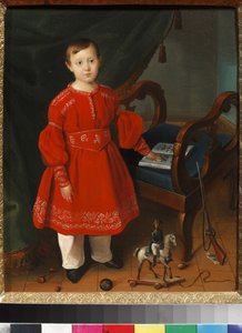 „Portret chłopca w czerwonej sukience pozującego wśród swoich zabawek i książeczki z alfabetem” (Portret chłopca w czerwonej sukience z zabawkami i książeczką z alfabetem) Anonimowe malarstwo około 1840 r. Muzeum sztuki i zabawek pedagogicznych, Siergiejew autorstwa Unknown artist