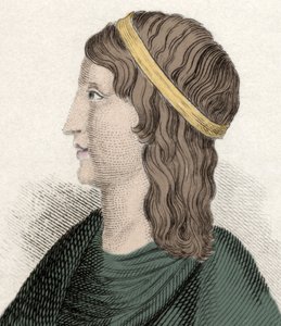 Portret Apuleusza (Lucjusza Apulejusza) (ok. 125-ok. 180), filozofa i pisarza łacińskiego, pochodzenia berberyjskiego (Algieria), autora „Les Metamorphoses” (Złoty Osioł lub Asinus aureus). Rycina XIX wieku. autorstwa Unknown artist
