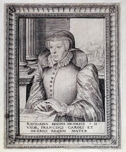 Portret Katarzyny Medycejskiej (Caterina de Medici) (1519-1589), królowej Francji. Rycina z XVI wieku. Pau, Musee Du Chateau autorstwa Unknown artist