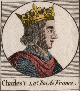 Portret Karola V Mędrca (1338 - 1380) - Karol V Mądry lub Karol V Mędrzec, Król Francji z Domu Walezjuszów - grawerunek z „Instruction sur l