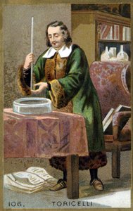 Portret Evangelisty Torricelli lub Toricelli (1608 - 1647), włoskiego fizyka ze swoim wynalazkiem Barometr (rurka rtęciowa). Chromolitografia XIX wieku. autorstwa Unknown artist