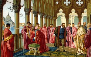 Portret Galileusza Galileo dit Galileo (1564 - 1642) przedstawia długi widok na dożę w jego pałacu książęcym w Wenecji. autorstwa Unknown artist