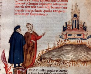 Portret włoskiego poety Dante Alighieri z Wergiliuszem patrzącym na tron Henryka VII (pieśń 20 z Raju, w Boskiej Komedii) - Miniatura autorstwa Unknown artist