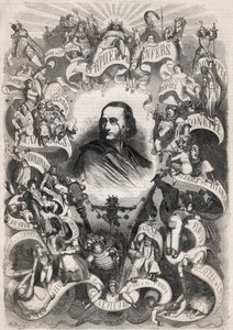 Portret Jacquesa Offenbacha (1819-1880), francuskiego kompozytora i dyrektora teatru des Bouffes Parisiens, otoczonego postaciami jego dzieł - Grawerowanie w „”Le Monde Illustré”” autorstwa Unknown artist