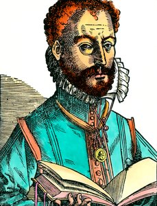 Portret Orlandusa Lassusa (1531-1594) muzyka szkoły francusko-belgijskiej trzymającego otwartą księgę (białe strony). Rycina z XVI wieku. Dz. Daj spokój. autorstwa Unknown artist