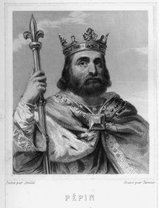 Portret Pépina le Brief (w. 714 - 768), króla franków, pierwszego z Karolingów - w „Histoire des Français” Lavallée, rycina, sd. autorstwa Unknown artist