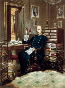 Portret księcia Otto von Bismarcka (1815-1898), kanclerza i polityka pruskiego w jego gabinecie. Litografia w kolorze autorstwa Unknown artist
