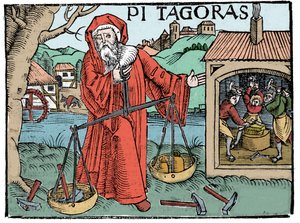 Portret Pitagorasa (Pythagorasa) - Strona z „” Compendiara musica”” autorstwa Koswick 1516 - autorstwa Unknown artist