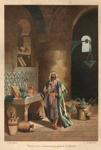 Portret Rhasesa (Rhazes, Razi, Al-Razi, Razis lub Rases) (840-923) perski naukowiec) w jego laboratorium w Bagdadzie. Barcelona 1881 autorstwa Unknown artist