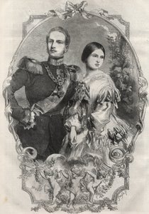 Portret Ich Królewskich Wysokości, księżniczki Wiktorii (1840-1901) (królowej Wiktorii) i księcia pruskiego Fryderyka Wilhelma (1831-1888). Grawerunek z 1858 roku. autorstwa Unknown artist