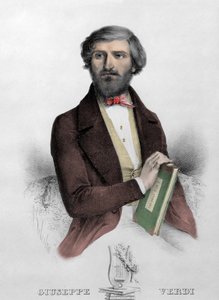 Portret włoskiego kompozytora Giuseppe Verdiego (1813 - 1901) z partyturą do „”i Due Foscari”” Rycina z 1844 roku. autorstwa Unknown artist