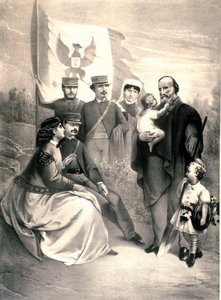 Portret włoskiego patrioty i bohatera Risorgimento Giuseppe Garibaldi (1807-1882) otacza jego dzieci Menottiego, stojącego Ricciottiego i Teresitę, Francescę Armosino oraz małego Manlio i Clelię. Ilustracja około 1870 r. Kolekcja prywatna autorstwa Unknown artist