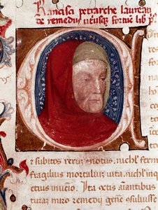 Portret włoskiego poety Francesco Petrarca (Petrarque) (1304-1374) Detal. Strona zaczerpnięta z rękopisu „Les remedes aux deux fortunes” (De remediis Utriusque Fortunae) Petrarki. 1360-1366 Wenecja, Biblioteca marciana autorstwa Unknown artist