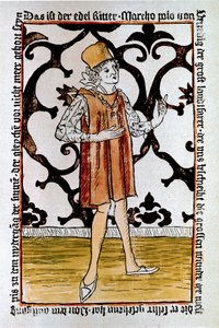 Portret weneckiego odkrywcy Marco Polo (1254-1324) Frontyspis pierwszego wydania „Il Milione: Księga cudów” („Waluta świata”) Norymberga autorstwa Unknown artist