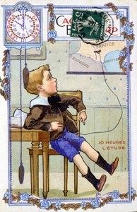 Pocztówka przedstawiająca przebieg dnia dziecka. O 10:00 dzieciak jest w szkole. autorstwa Unknown artist