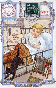 Pocztówka przedstawiająca przebieg dnia dziecka. O godzinie 7 dziecko budzi się. autorstwa Unknown artist