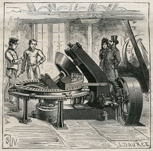 Ceramika: Maszyna Fleury używana do mechanicznego formowania cegieł. Grawer z 1885 roku w „Les arts et metiers illustres” Adolphe BITARD. autorstwa Unknown artist