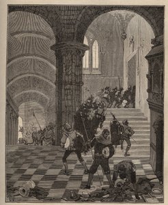 Garncarstwo: zniszczenie fabryki „Henri II” podczas plądrowania zamku Oiron (Deux Sevres) w 1568 roku podczas Ligi. Grawer z 1885 roku w „Les arts et metiers illustres” Adolphe BITARD. autorstwa Unknown artist
