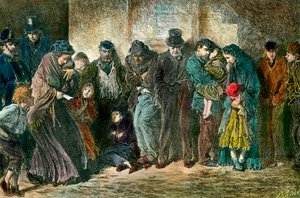 Ubóstwo w Londynie pod drzwiami schroniska Ubogie i głodne rodziny ustawiają się w kolejce przed domem. Grawer z 1869 r. Kolekcja prywatna autorstwa Unknown artist