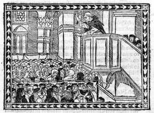 Głoszenie G. Savonaroli (Jerome Savonaroli) (1452 - 1498) - w „Kompendium Objawienia”, inkunabule z 23.04.1496. autorstwa Unknown artist