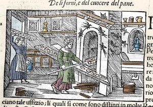 Przygotowanie i pieczenie chleba w piecu. Grawer Olausa Magnusa (1490-1557), szwedzkiego zakonnika i geografa, „Historia de Gentis Septentrionalibus”, Wenecja autorstwa Unknown artist