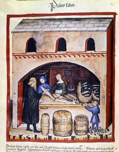 Przygotowanie brudnej ryby. Oświetlenie z doju medycyny i dietetyki „”Tacuinum sanitatis”” autorstwa Unknown artist