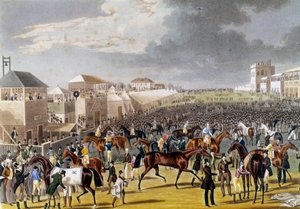 Przygotowania do wyścigu Epsom (Epsom Oaks: angielski wyścig konny). Rycina XIX-wiecznej kolekcji prywatnej autorstwa Unknown artist