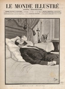 Prezydent republiki Sadi Carnot (1837-1894) na łożu śmierci, w kontekście agitacji związkowej i anarchistycznej, został zamordowany 24 czerwca na wystawie w Lyonie przez Sante Caserio (1873-1894) i później. Grawerowanie w „Le monde illustrious” f autorstwa Unknown artist