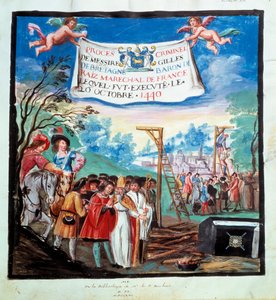 Proces Gilles de Rais (Retz ou Rays) (1404-1440): „” Egzekucja, szubienica i rzeźnik””” Jest stracony za morderstwo i herezję. Miniatura z XV wieku. Paryż, B.N. autorstwa Unknown artist