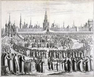 Procesja Kwiatów Wielkanocnych przed Bramą Świętego Zbawiciela i Kremlem w Moskwie. Rycina XIX wieku. autorstwa Unknown artist
