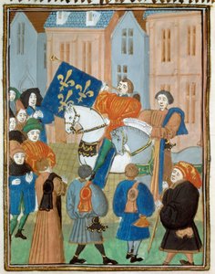 Ogłoszenie pokoju w Reims w dniu 2 października 1435 po podpisaniu traktatu z Arras między królem Karolem VII a księciem Burgundii Filipem III Dobrego kończącego wojnę domową między Armagnacs a Burgundami. Miniatura z „”Królów i królowej autorstwa Unknown artist