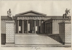 Propylees (Propyleje) (Akropol Ateński) Grawerowanie z „” Zwyczajów i Tradycji Wszystkich Ludów Wszechświata. Czyli Historia rządu, praw, milicji, religii wszystkich narodów od czasów najdalszych do dnia dzisiejszego „1856 autorstwa Unknown artist