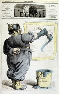 Żołnierz pruski śledzący granice Alzacji i Lotaryngii do błękitu Prus (Odniesienie do aneksji regionu przez wojnę 1870) - w „”L