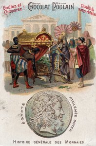 Ptolemeusz I (360-283 pne) Soter (zbawiciel) kazał pochować Aleksandra Wielkiego. W ogólnej historii monet. Chromolitografia czekoladowo-źrebięca z końca XIX wieku. Prywatna kolekcja. autorstwa Unknown artist