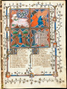 „Czterej mężczyźni zajęci różnymi czynnościami”” podświetlona strona z rękopisu „Le Roman de la Rose” autorstwa Guillaume de Lorris (około 1200-1238) i Jeana de Meun (Meung) (1240-1305) około 1353 Szwajcaria, Biblioteka Genewska autorstwa Unknown artist