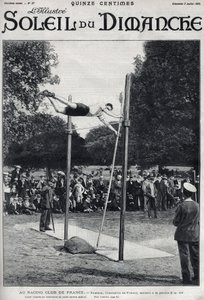 Klub wyścigowy Francji. Sheldon, mistrz Francji, skacze 2, 95 m, aby skoczyć a la Perche. Grawerowanie w „”Le sun-du-dimanche”, 2 lipca autorstwa Unknown artist