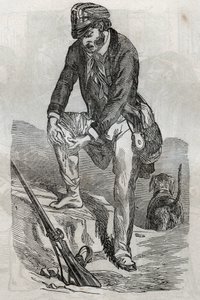 Wściekłość - leczenie ukąszeń dokonanych przez rozwścieczone zwierzę - rany uciskające jego ranę - grawer w „La Sante Universelle - Medical Guide for Families”” 1852 autorstwa Unknown artist