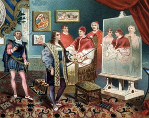 Rafael (Raffaello Sanzio) pracujący nad portretem papieża Leona X (leone 10) otacza kardynałów Jules de Medicis (Giulio) (papież Klemens VII autorstwa Unknown artist