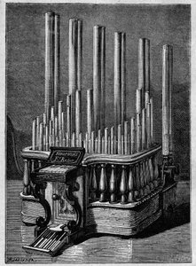 Rzadkie lub wyimaginowane instrumenty: Pyrophone lub „śpiewające płomienie” Frederica Kastnera (instrument generujący płomienie napędzane strumieniami gazu). autorstwa Unknown artist