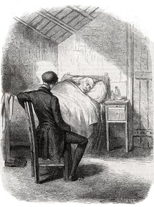 Rastignac pozostał sam w pobliżu starca, siedząc w nogach łóżka... Rycina połowa XIX wieku. Ilustracja do „Ojca Goriota” Honore de Balzac (1799-1850). autorstwa Unknown artist