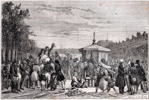 Odczytanie orzeczeń opublikowanych w gazecie Moniteur w ogrodach Pałacu Królewskiego w Paryżu 26 lipca 1830 w czasie wojny domowej - Rewolucja 1830 - autorstwa Unknown
