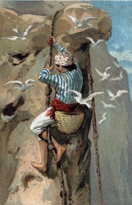 Przeniesienie gniazd jaskółek salanganu w Malezji. Chromolitografia z końca XIX wieku. autorstwa Unknown artist