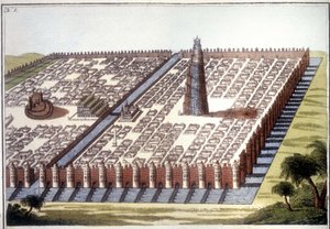 Zrekonstruowany widok starożytnego miasta Babilon, z ogrodzeniem, wiszącymi ogrodami i zigguratem. autorstwa Unknown artist