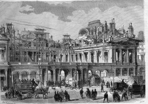 Prace rekonstrukcyjne Pałacu Królewskiego (Palais-Royal) w Paryżu. Grawer w „”L