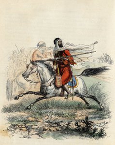 Czerwoni jeźdźcy emira Abd-el-Kadera uciekli przez myśliwych na koniach armii francuskiej w Oranie w 1841 roku, w „L